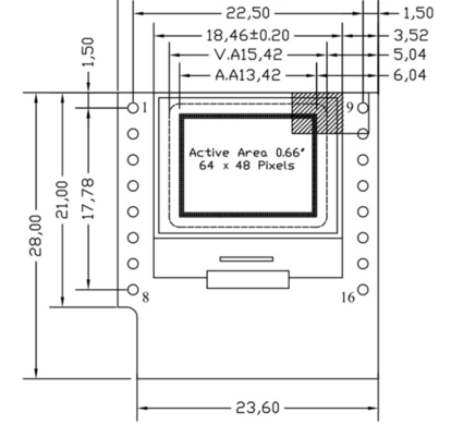 0.66 polegadas IIC OLED Display 16 pin com 64x48 pixels, fontes brancas/azuis Ultra-Low Power OLED Display