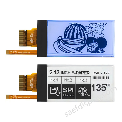 Tela E-ink de 2,13" com Luz Frontal | 122×250 | Atualização Parcial de 0,3s | Interface SPI | CTP Personalizado